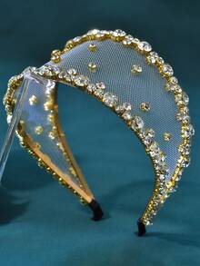 1pc Gold Women's Headpiece, Rhinestone Mesh Wide Headband, Bridal Headpiece, Wedding, Travel, Photography, Performance, Gathering Hair Accessory, Dress-Up Hair Ornament, Women's Accessory - Gold - View 5