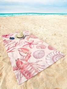 1pc Pink Ocean Creature & Floral Print Beach Towel, Modern Style Fiber Rectangular Travel Home Beach Towel, Suitable For Swimming, Diving, Summer - Multicolor - View 4