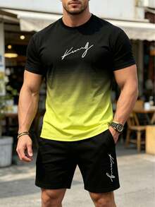 Men's Gradient Letter Print Short Sleeve Crew Neck T-Shirt And Drawstring Shorts Set, Comfortable Casual Outfit, 100% Polyester, Lightweight And Breathable Fabric - 酒紅色 - 查看 11
