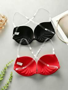 2pcs Women's Solid Color Bras, With Straps & Strapless Styles, Unlined Cups - Multicolor - View 2