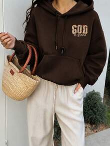 God字母印花大碼女款休閒秋冬長袖口袋連帽衛衣，棕色 - 棕色 - 查看 3