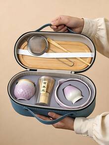 7-Piece Lotus Shaped Gradient Ceramic Portable Matcha Set, Complete Matcha Making Tools With Storage Bag - Multicolor - View 4