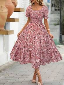 Women's Printed Dress With Square Neck, Fitted Waist And Layered Puff Sleeves, In A Sweet Style. - Pink - View 1