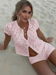 ra mujer: Cárdigan de punto de malla calada y sexy de manga corta + Shorts - Conjunto de 2 piezas de vacaciones para mujer, Vestimenta de fiesta de ganchillo, Estilo ajustado sexy para mujer - Rosa Pálido - Ver 12