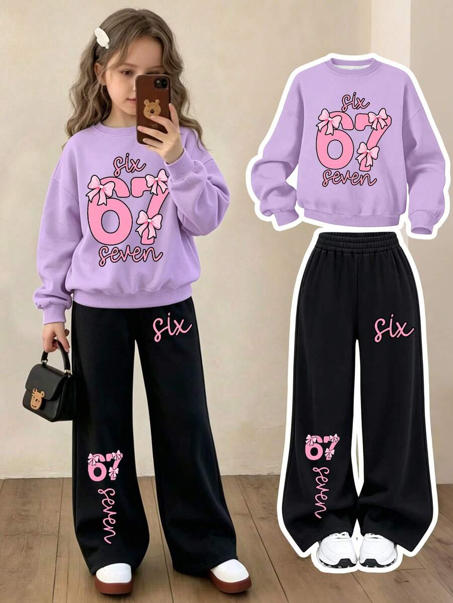 2pcs/Set Girls Coquette Style Outfit, 67 Cute Bow & Number Print Sweatshirt + Wide Leg Cuffed Sweatpants, Soft Spring Streetwear - Mauve Purple - View 1