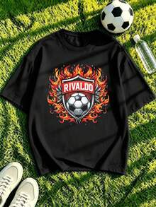 Camiseta de hombre con estampado de fútbol en llamas, tejido premium, cuello redondo, corte holgado, cómoda, dise?o gráfico. - Negro - Ver 1