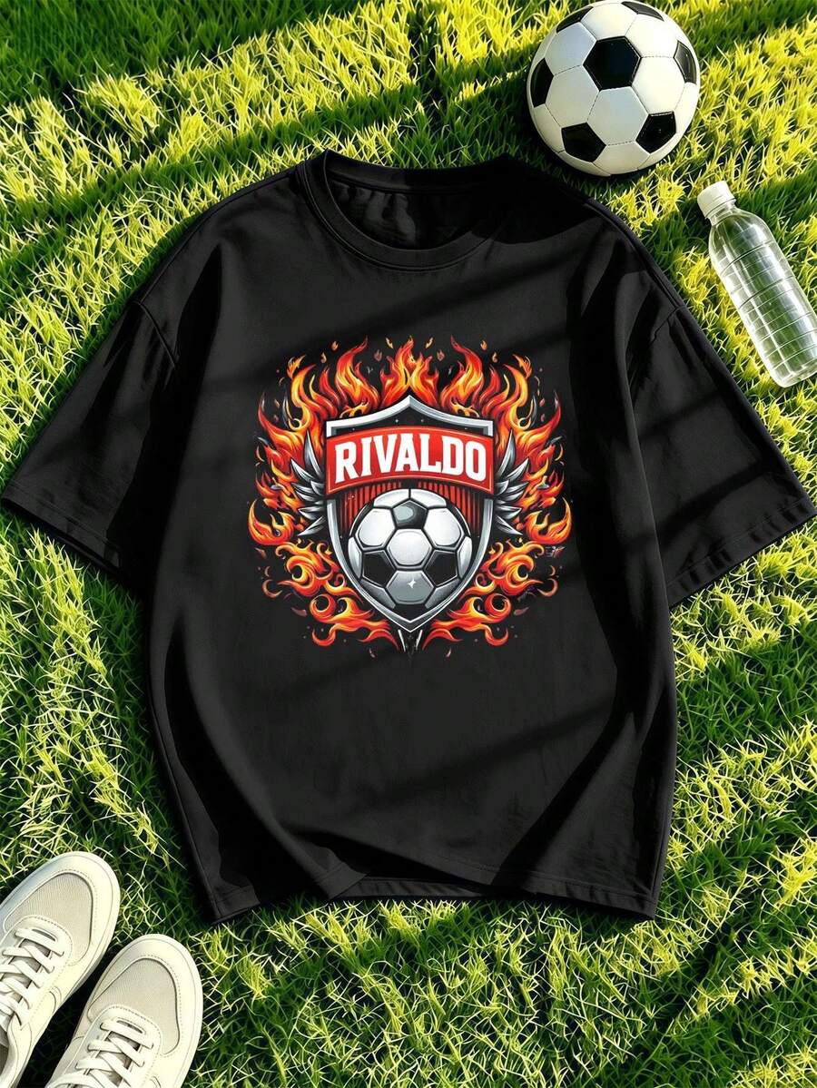 Camiseta de hombre con estampado de fútbol en llamas, tejido premium, cuello redondo, corte holgado, cómoda, dise?o gráfico. - Negro - Ver 1