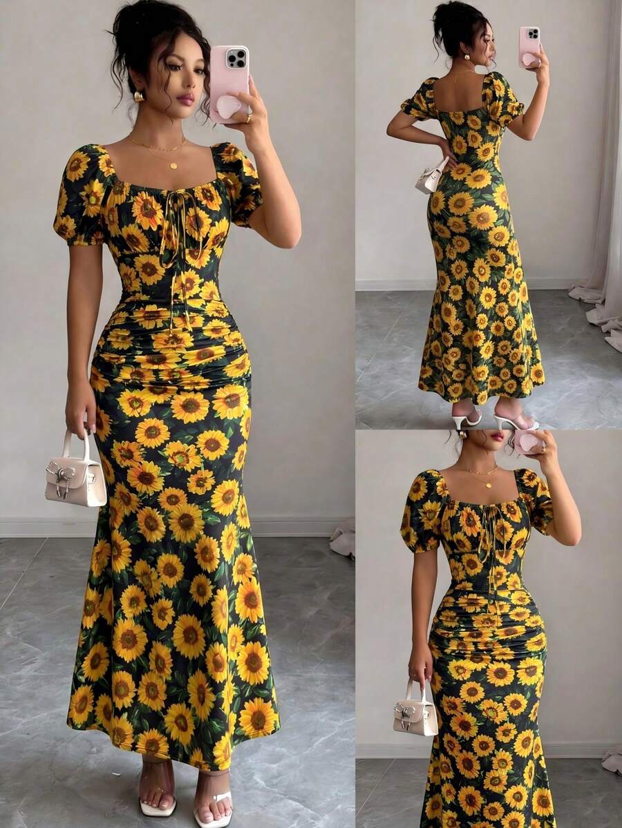 Full Body Print Bohemian Elegant Beach Vacation Dress Women Spring Autumn Sunflower Floral Dress White Background Sunflower Ruched Square Neck Summer - Black - View 1