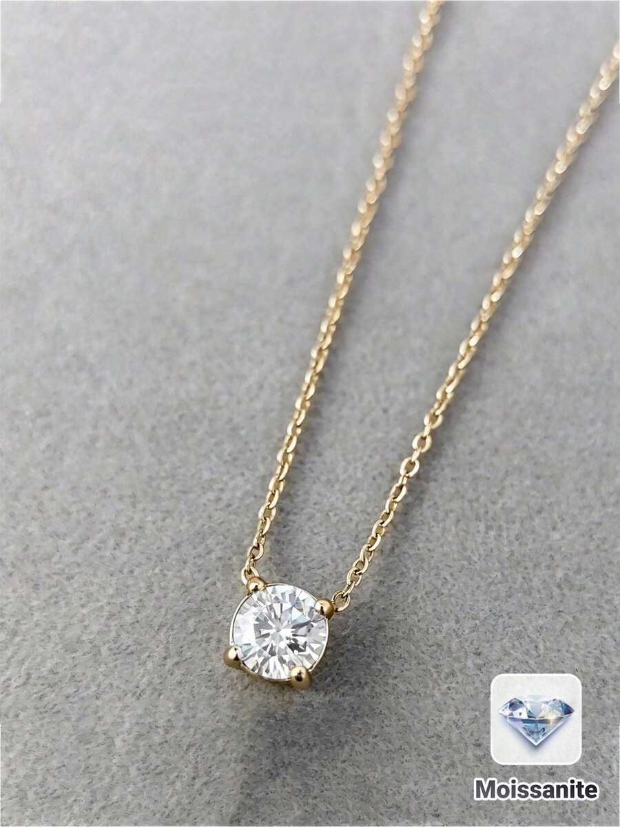 925純銀四爪圓形莫桑石吊墜項鍊,男女皆適用 - 適合婚禮、週年紀念或日常禮物,爪鑲設計展現永恆優雅,適合所有季節 - 金色 - 查看 1