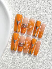 10件裝賽博龐克風手工穿戴式美甲，Polygel美甲套組，花卉、波點、水波紋圖案，橘色指甲油，休閒風格，附美甲工具，3種尺寸可選，杏仁形、鴨嘴形、棺材形，適合派對、跳舞、日常配戴 - 彩色 - 查看 4