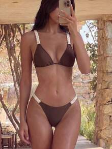 Women's Color Block Braided Rope Bikini Set, Back Tie Design, Suitable For Beach Vacation Summer - Multicolor - View 3