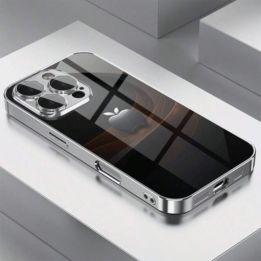 1pc Dark Gold Streamlined Metal Apple Pattern Glass Material Phone Case, Premium Texture, Elegant And Sophisticated, Suitable For IPhone - Silver - View 1