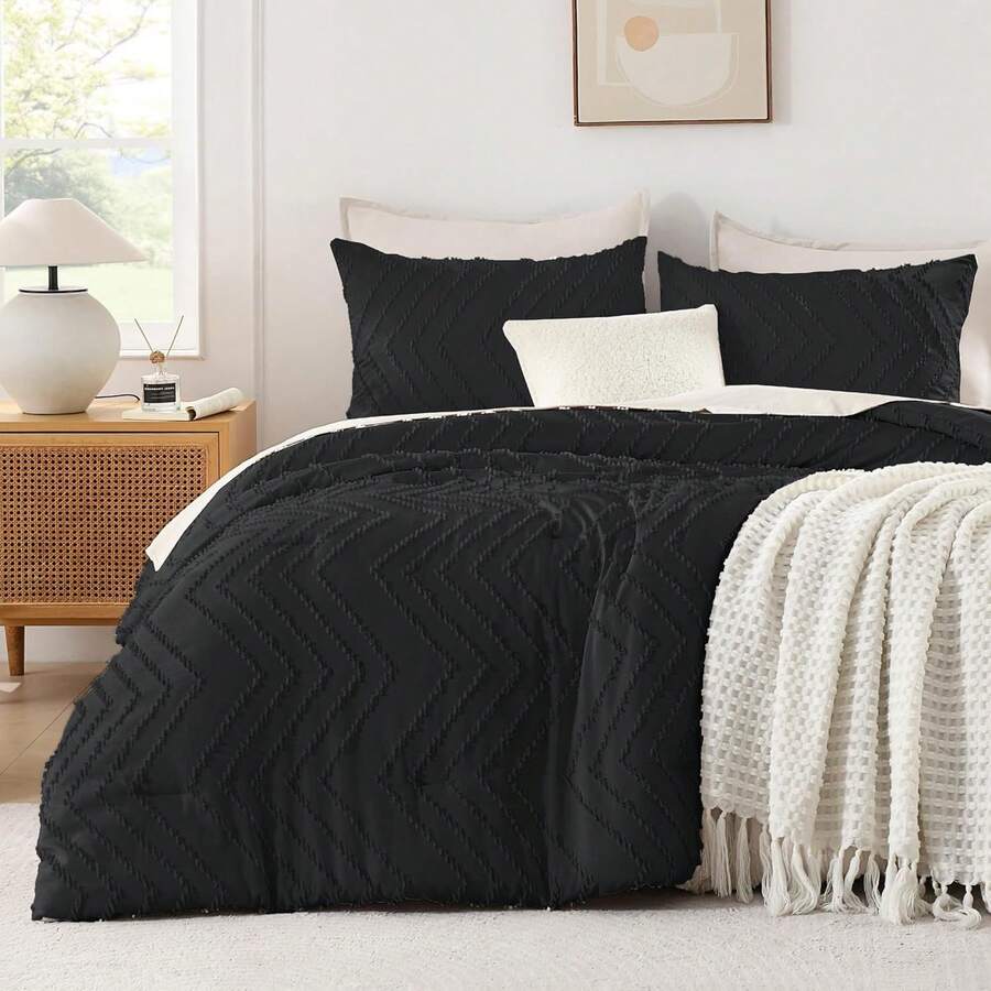 Andency - Queen Size Comforter Set For Queen Bed, Bohemian, Soft, Warm, Tufted And Design, Neutral Tone, Aesthetic, Rustic, Beautiful, Textured, 3 Pieces, Beige/Cream - Black - View 1