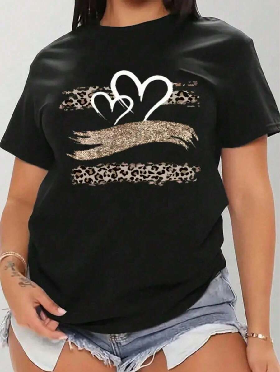 Women's Graphic T-Shirt, Short Sleeve, Round Neck, Basic, Comfortable, Cool, Lightweight, Heart Print, Stripes, Animal Print, Leopard, Glitter, Modern, Youthful, Feminine - 黑色 - 查看 1