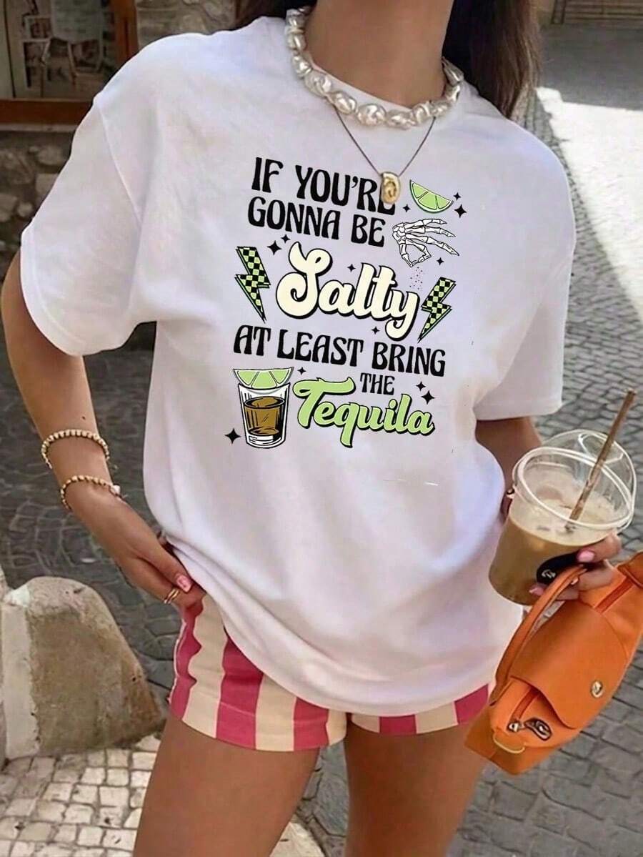 Unisex Size. Wo's Short-Sleeved T-Shirt With A Round Neck And Relaxed Fit, Featuring A Fun Graphic Print Of Salty Tequila. Casual T-Shirt Made Of Premium Breathable 270g Fabric. - 白色 - 查看 1