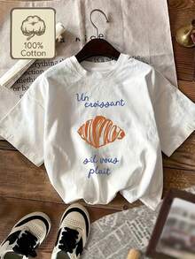 NewSummerCasual Women's Short Sleeve T-Shirt, Retro Youthful Internet Celebrity Style, With Light Croissant Print And French Phrase. 100% Pure Cotton, Crew Neck. Soft - 白色的 - 查看 1