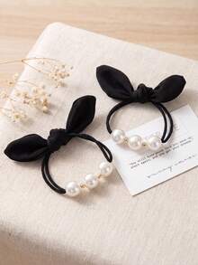 MH 2pcs Cute Bow Pearl Hair Scrunchies, Vintage Fashion, Elegant For Daily Use - Black and White - View 6