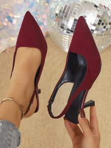 Sapatos femininos elegantes de salto alto estilo clássico, novos, cor borgonha brilhante, com tira traseira, para festa noturna e uso casual, chiques e minimalistas, confortáveis e versáteis, saltos agulha vermelhos brilhantes com banda elástica e fivela, sapatos femininos e sandálias femininas de costas abertas - Borgonha - Ver 4