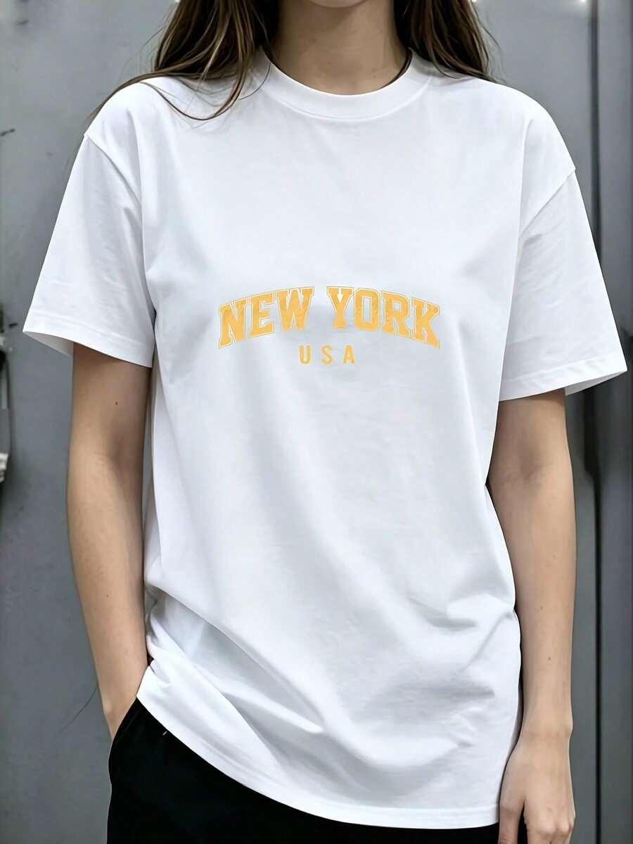 1 pieza de camiseta holgada de talla grande para mujer con estampado de letras, cuello redondo y manga corta, adecuada para un estilo casual urbano y uso diario. - Blanco - Ver 1