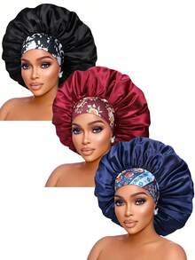 CONFLASS 3/1pc Wide Brim Satin Floral Print Sleep Cap With Wide Elastic Band, Suitable For Braided, Curly, Straight Hair Women's Sleep Cap, Daily Wear - Multicolor - View 20