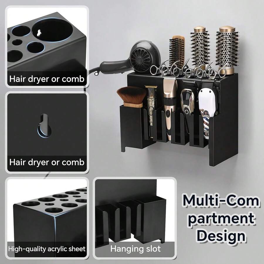 Professional Wall-Mounted Electric Hair Clipper Holder, Salon Beauty Storage Rack, Hair Styling Tool Organizer - Black - View 1