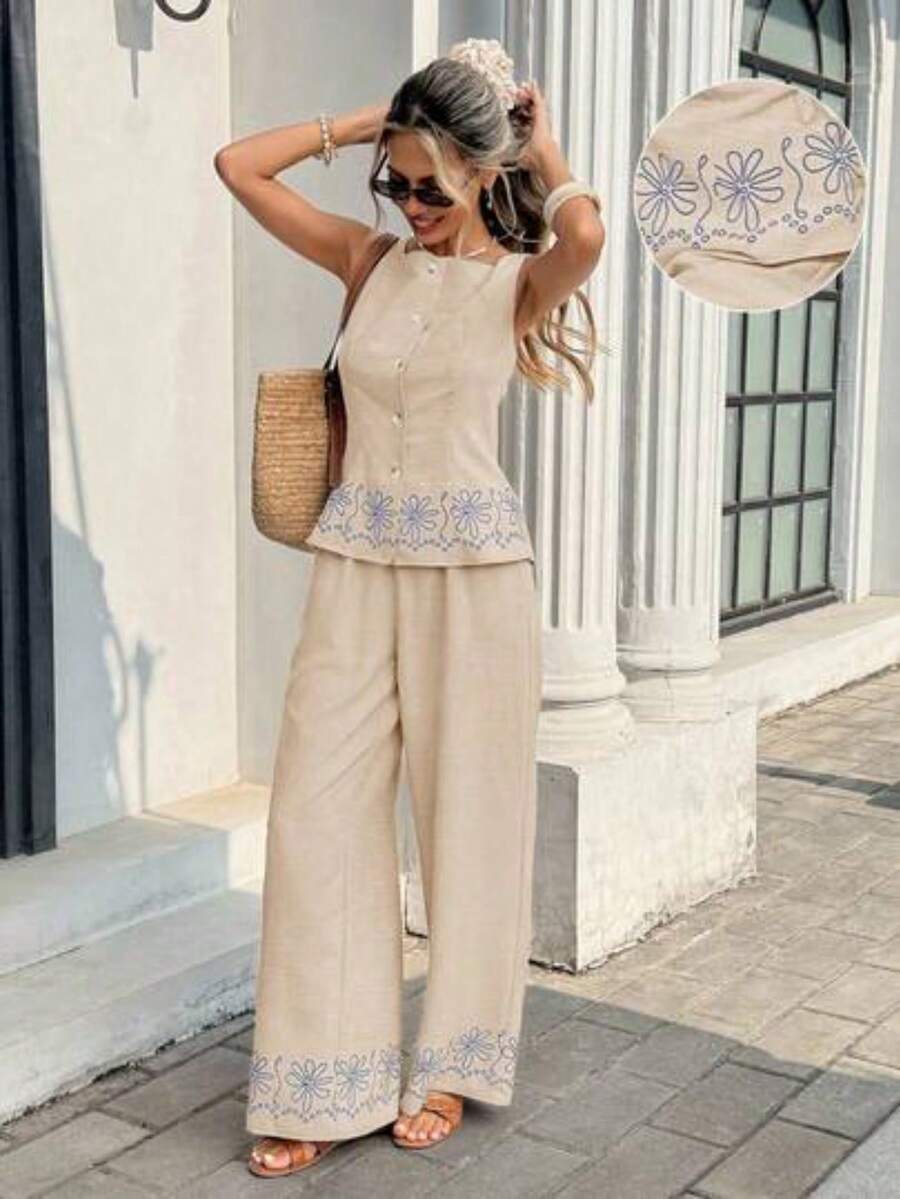 Women's Casual 2-Piece Set Consisting Of A Single-Row Floral Print Vest And Pants - 卡其色 - 查看 1