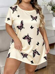 Nuisette élégante et belle avec imprimé papillon, grande taille, manches courtes, short court, robe de nuit grande taille, tenue d'intérieur, convient pour le printemps et l'été - Multicolore - Voir 5