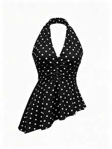 Blusa de verano negra de uso diario versátil con cuello halter, lunares y pliegues - Blanco - Ver 1