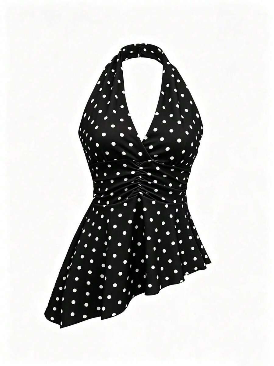 Blusa de verano negra de uso diario versátil con cuello halter, lunares y pliegues - Blanco - Ver 1