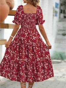 Women's Printed Dress With Square Neck, Fitted Waist And Layered Puff Sleeves, In A Sweet Style. - 紅色 - 查看 3