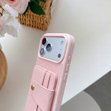 1件裝 精美復古荔枝紋 PU 皮革掛繩卡夾錢包手機殼，適用於 Apple 14 15 16 17 Pro Max - 粉色 - 查看 6