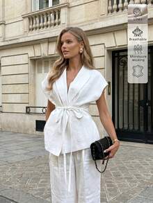 Linen Solid Color Casual Elegant Commuting Intellectual Retro Style Waist Belt Top And Pants Two Pieces Set White Summer - White - View 4