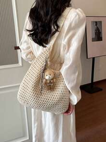 Fashionable Niche Design Hollow Woven Shoulder Bag, Multifunctional Leisure Vacation Style Armpit Bag, Simple Daily Cute Pendant Large Capacity Bag - Beige - View 4