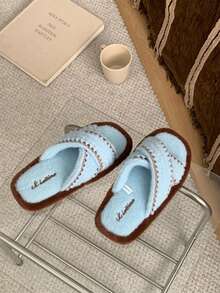 XIXITIAO Vintage Colorblock Cross-Strap Design Plush House Slippers, Comfortable Flat Soft Fleece Slip-On Shoes, Suitable For Home Office Bedroom - Blue - View 11