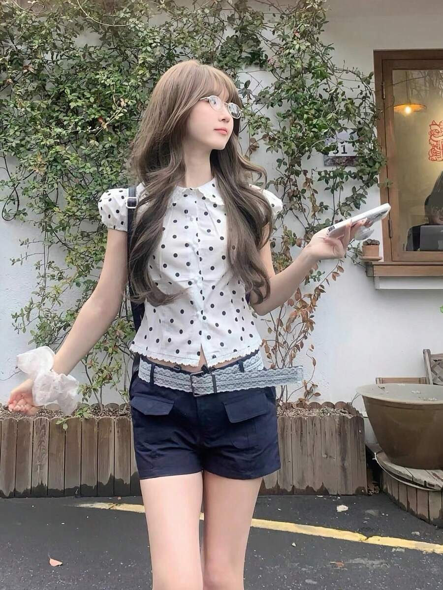 韓式甜美彼得潘領波點短袖女款上衣,夏季優雅收腰顯瘦短版襯衫,白色 - 白色 - 查看 1