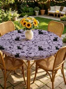 1pc Halloween Cat Milk Silk Polyester Elastic Tablecloth, Purple Washable Dining Tablecloth For Home Dining Room, Living Room, Kitchen Decoration, Suitable For Anniversary, Birthday Gift And Other Occasions - Multicolor - View 8