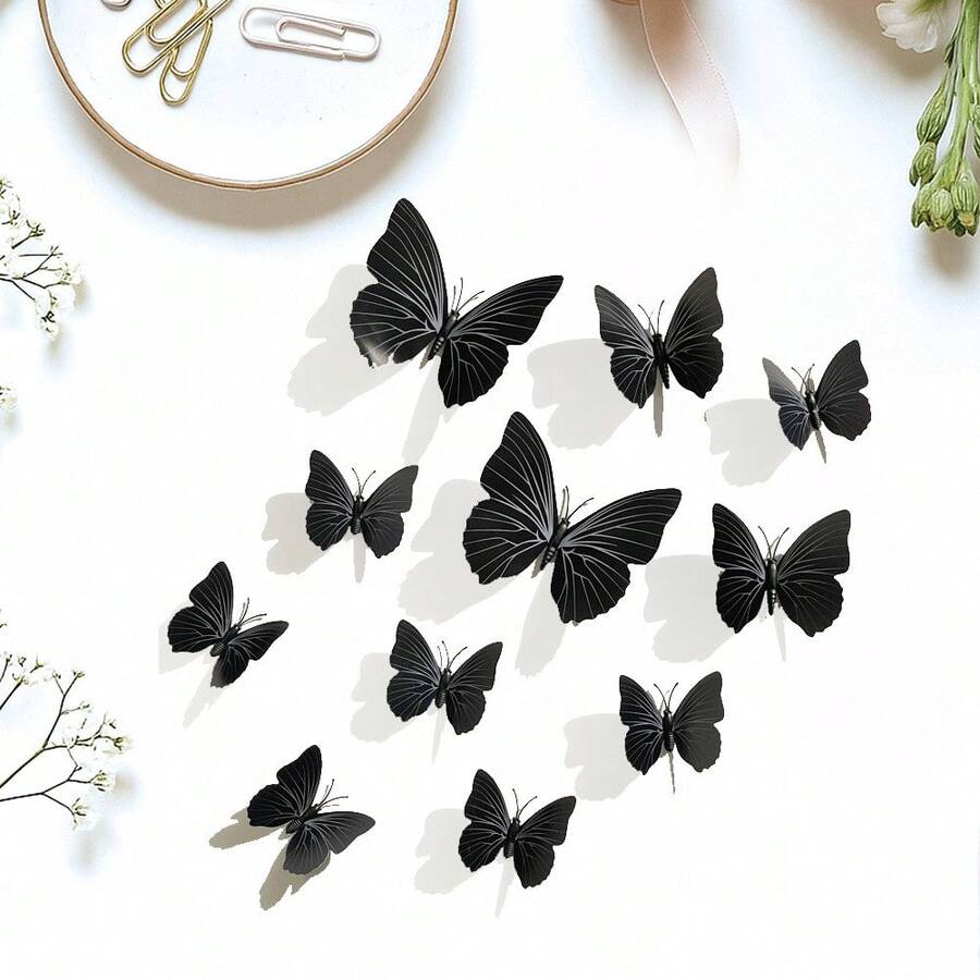 12 piezas de pegatinas de pared de mariposa 3D DIY desmontables y exquisitas, decoración de arte de mariposa colorida, adecuadas para el hogar, la guardería, el dormitorio, el aula, la oficina, el fondo de la televisión, negro - multicolor - Ver 1