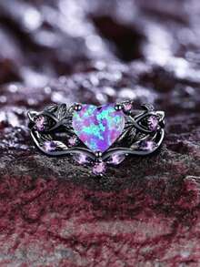2pcs/Set, Vintage Purple Heart-Shaped Cut Synthetic Opal & Leaf Design Gunmetal Black Ring Set, Suitable For Holiday Party & Daily Wear, All Seasons - Purple - View 14
