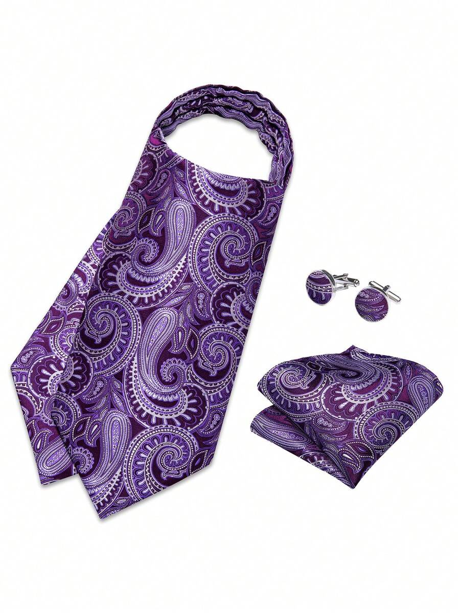 4 Stücke Herren-Ascot-Krawatten-Set in tiefem Violett-Lila mit Einstecktuch und Manschettenknöpfen, Nackensegment für große Empfänge, Abschlussbälle und als Geschenk für Herren - Violett - Übersicht 1