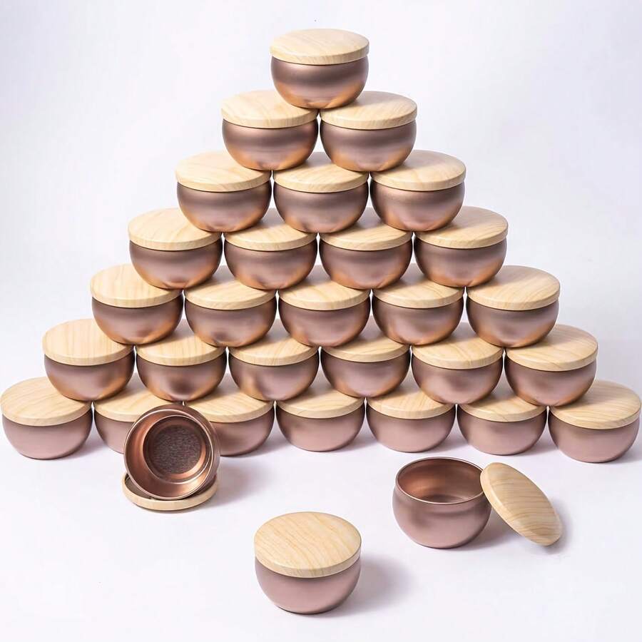 HIZTGHC 62pcs Candle Making Kit, 2.5oz, 12pcs Round Rose Gold Metal Candle Tins (With Wood Grain Lids), Wick Stickers, Wick Set, DIY Aromatherapy Candle Empty Containers, Spice, Candy And Jewelry Storage Jars - Multiple Styles - View 1