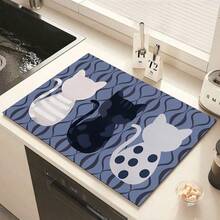 1pc Cat Themed Diatomaceous Earth Kitchen Counter Mat, Highly Absorbent, Suitable For Tableware, Coffee Machine, Microwave, Etc. Fashionable Watercolor Design, Ideal Choice For Modern Kitchen. - Multicolor - View 8