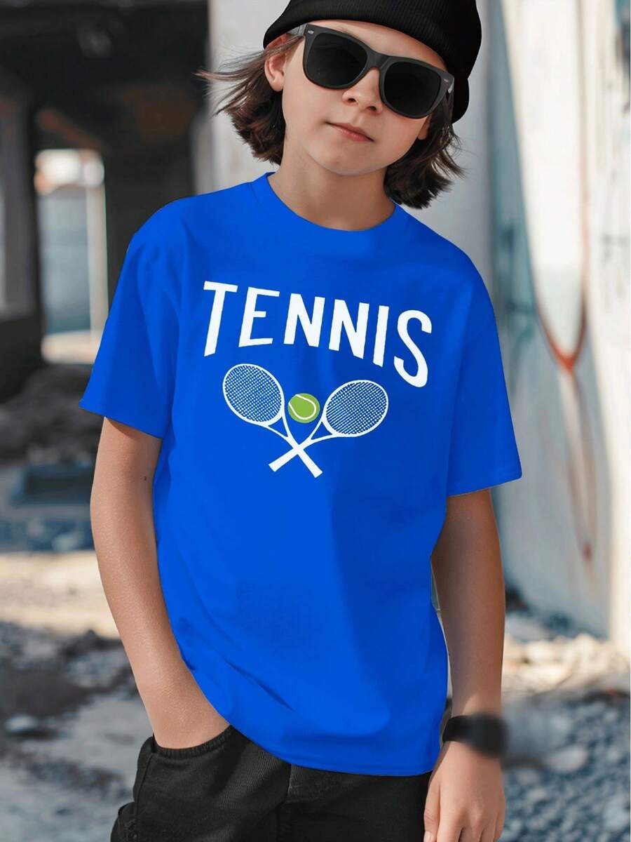 Classic Casual T-Shirt With Graphic Tennis Print, Crossed Rackets And Green Ball For Children Ages 5-13, Sportswear, Urban Style, Fashionable Casual Clothing - 灰色 - 查看 1