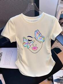 Slim Fit, Butterfly Print Design Surrounding A Woman's Face - 2 Styles - Women's Casual Fashion Sportswear, Solid Color Details With Waist Pleats, Pul - White - View 2