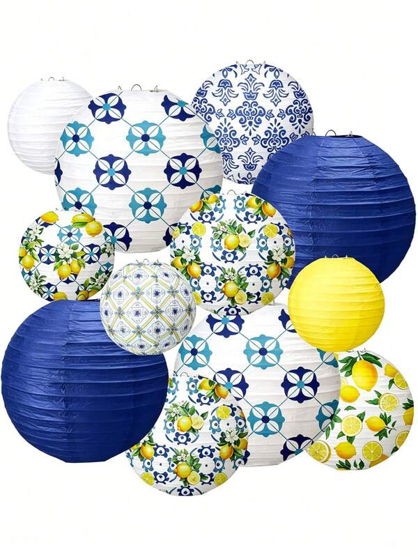Kit de 1/12 Peças Lanternas de Papel Limão Costa Amalfitana Capri Positano Suprimentos para Festa Decorações Mediterrâneas de Verão Padrão de Limão Amarelo Verde Branco para Chá de Bebê Casamento Decorações de Aniversário, Decoração de Festa com Tema de Limão