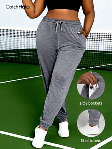Plus Size Drawstring Solid Color Loose Jogger Pants With Pockets Spring Sports - Grey - View 8