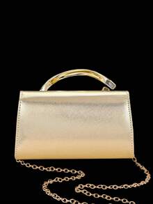 REMANLAND European And American Fashion Metal Decor Mini Box Clutch, Shiny Metal Strip Inlaid, Elegant Luxury Metal Texture Handbag, Paired With Shiny Gold Rhinestone Jewelry 3 Pieces Set, Rhinestone Pendant Necklace, Earrings, Bracelet, Suitable For Evening Occasions - Gold - View 11