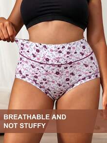 QUASTI 5pcs Women's Plus Size High Waist Floral Print Panties, Elastic Waistband Soft Breathable Triangle Briefs, Comfortable Casual Daily Wear Underwear - Multicolor - View 2