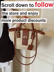 Neue modische Damen-Handtasche aus geflochtenem Stroh mit Metall-Drehverschluss: lässige Schultertasche für den Urlaub, große Strandtasche für den Sommer, für den Urlaub - Beige - Übersicht 3