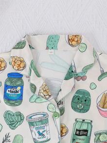 2pcs/Set Girls Cute Casual Cucumber Print Lapel Short Sleeve Cardigan And Shorts Pajama Set Flame Retardant All Season Toddler - Multicolor - View 3