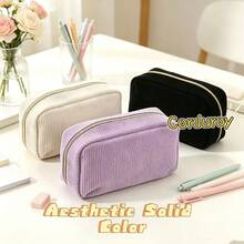 4/2/1pc Large Capacity Corduroy Pencil Case, Gold Zipper, Aesthetic Solid Color Multi-Function Stationery Storage Bag, Large Capacity Pencil Pouch, Compact Portable Design, Internal Compartments For Organized Storage, Wide Opening For Easy Access - Multiple Styles - View 9